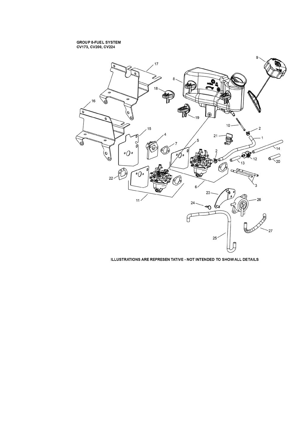 Cv173-3016 Fuel System Diagram and Parts List for CV173-3016  Cub Cadet Lawn Mower